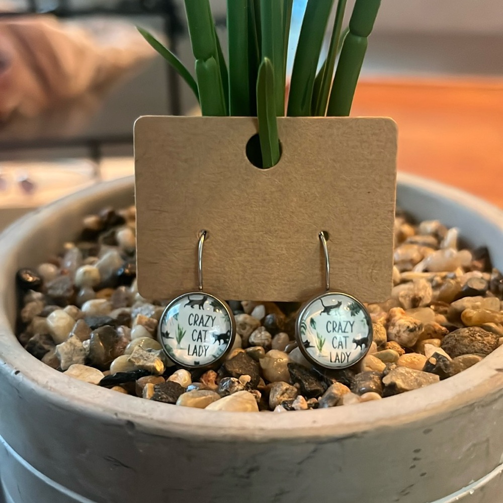 Hand Crafted Crazy Cat Lady Dangle Earrings
